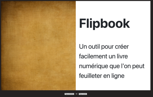 Page d’accueil de l’application Flipbook : on voit une page ouverte d’un livre avec un fond de couverture un peu doré