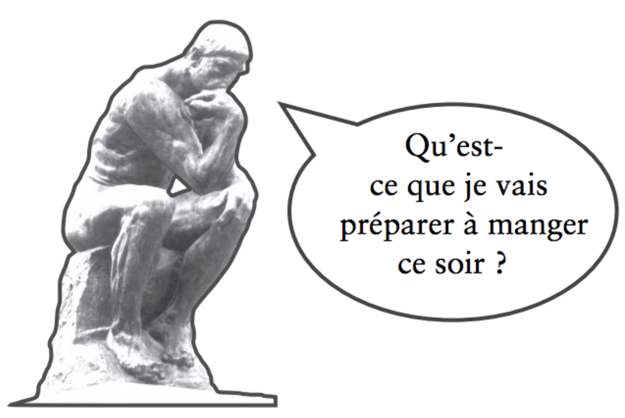 Image du penseur de Rodin qui se pose la question : qu'est-ce que je vais préparer à manger ce soir ?